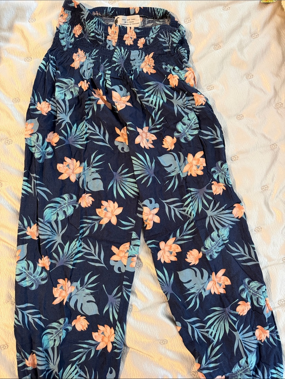 Lotus and Luna Floral Navy Tropical Smocked Waist Harem Pants